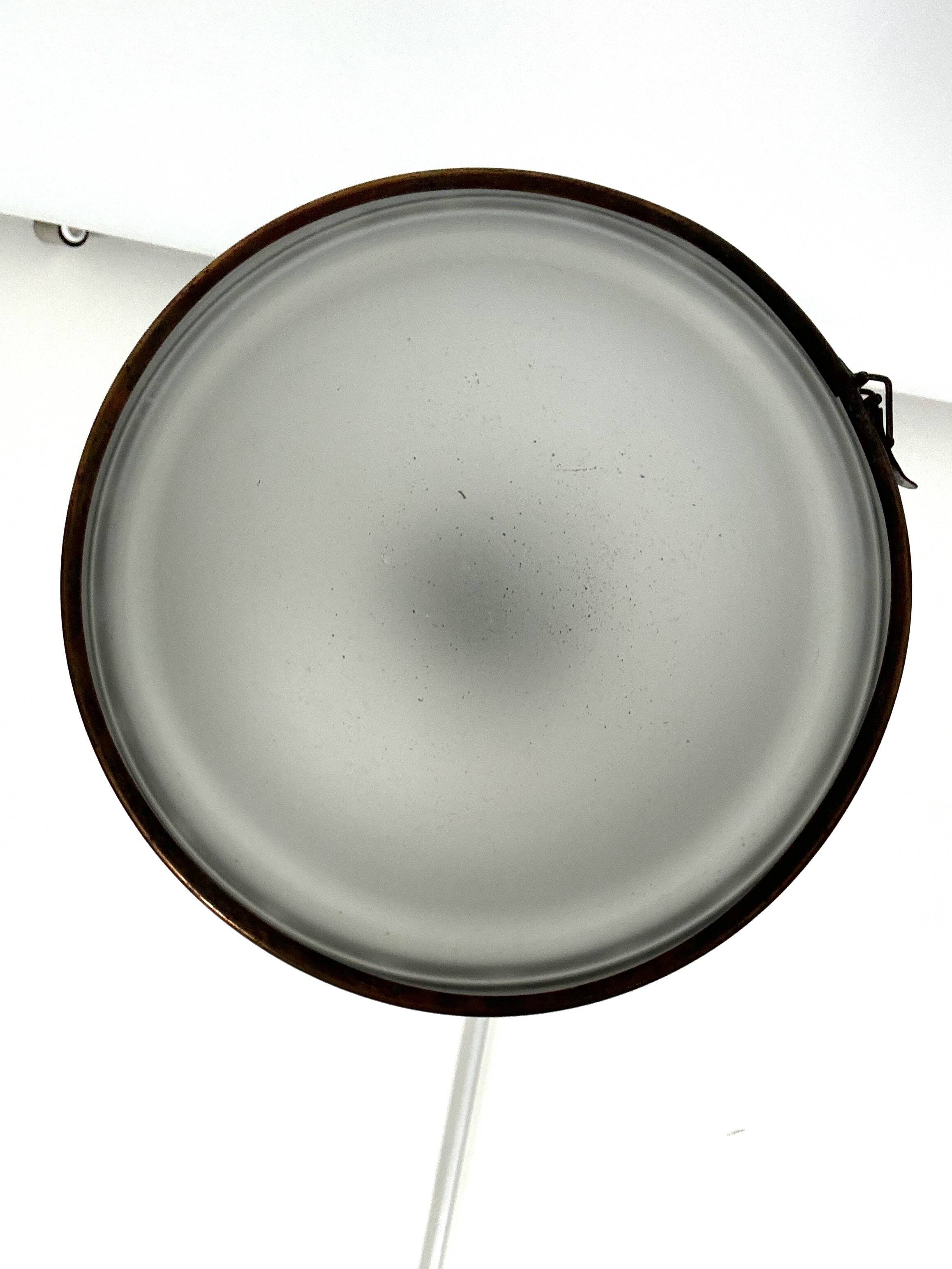 Vintage Industrial chandelier in copper and milk glass. Italy 1950s