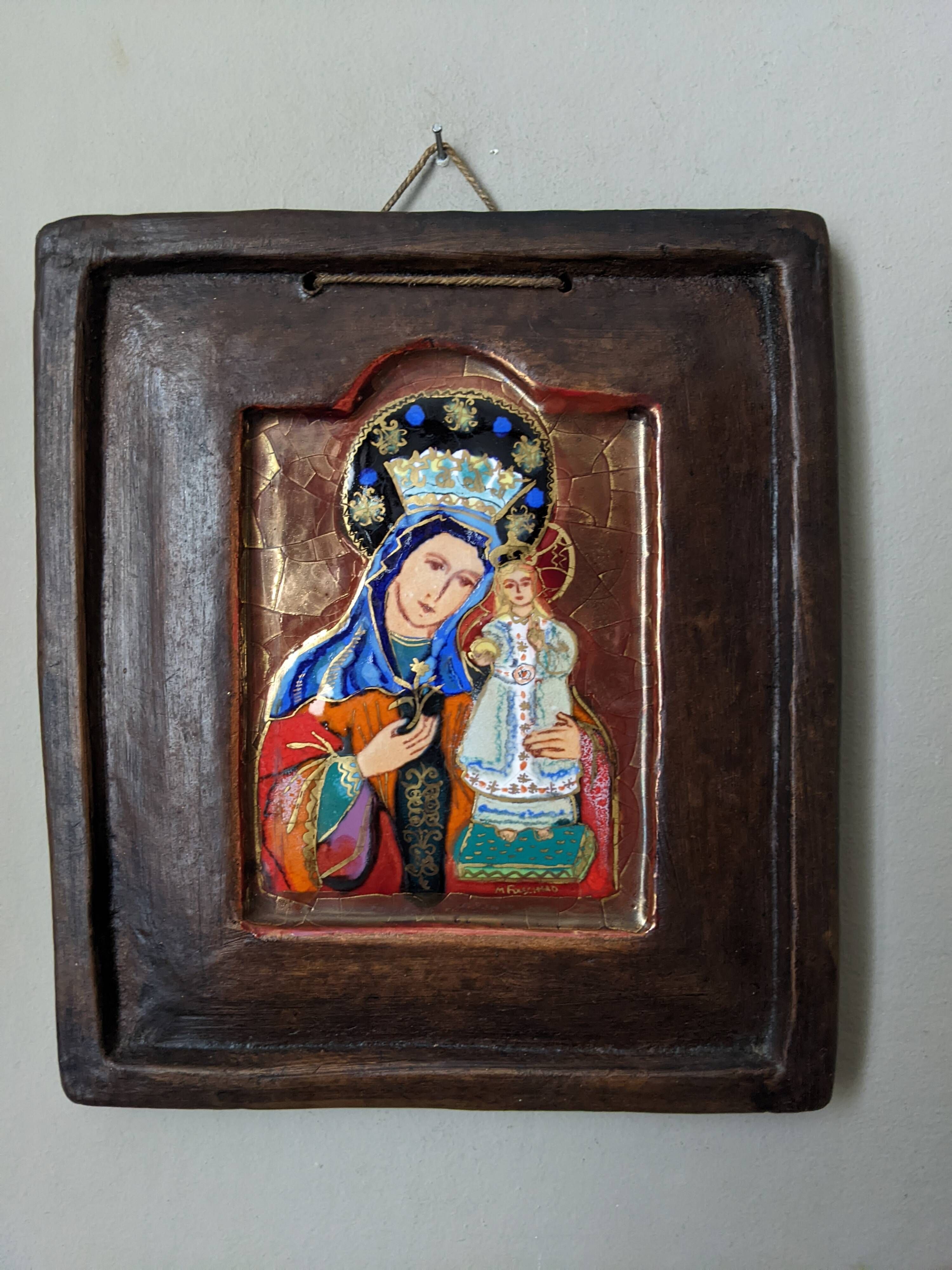 Glazed ceramic plaque of the Virgin and Child