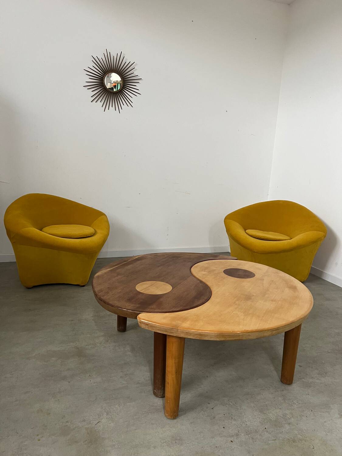 Solid wood coffee table with 2 Yin and Yang elements vintage 60s