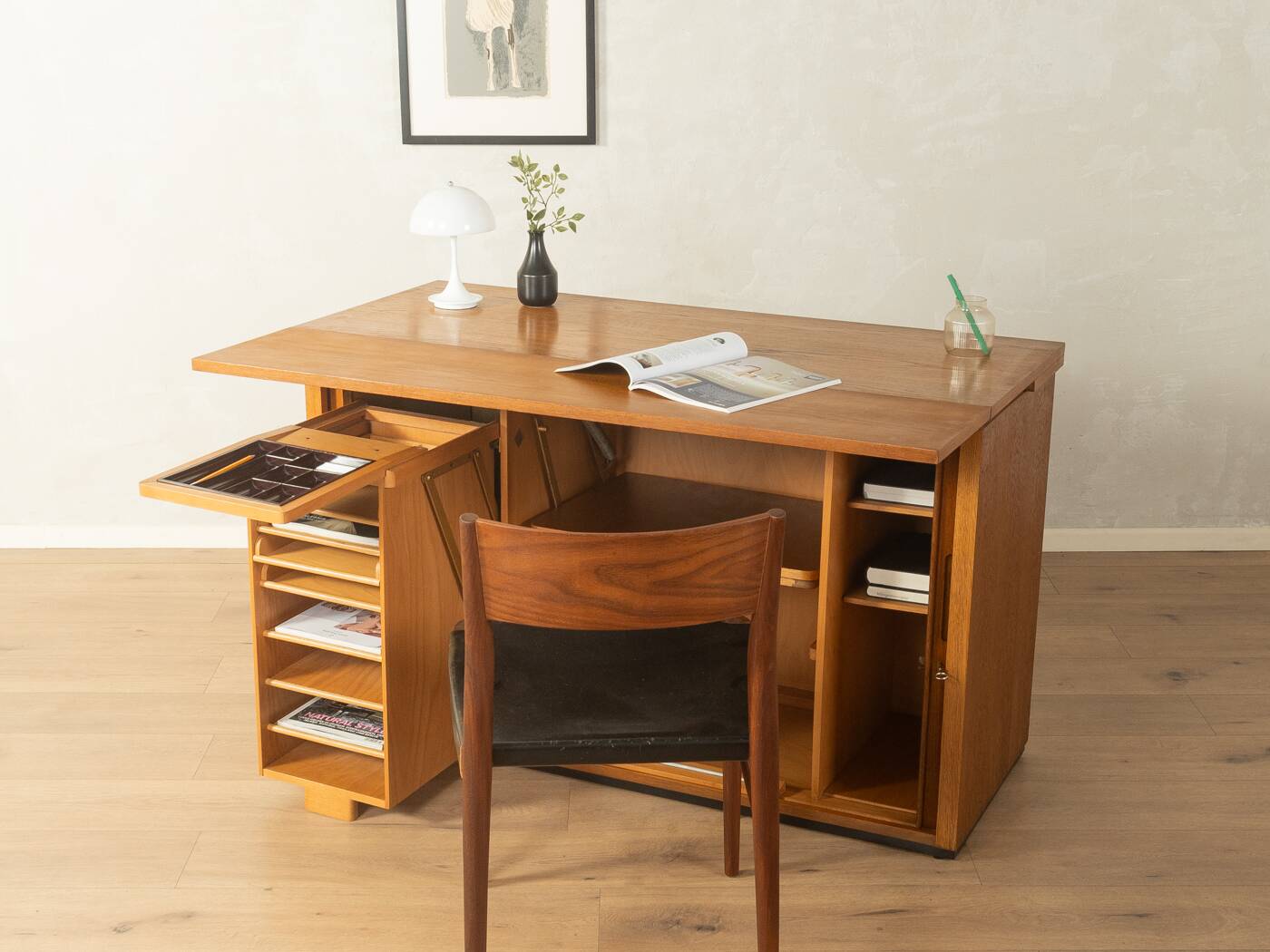 Very rare functional mid-century desk, 1960s, solid wood, Germany