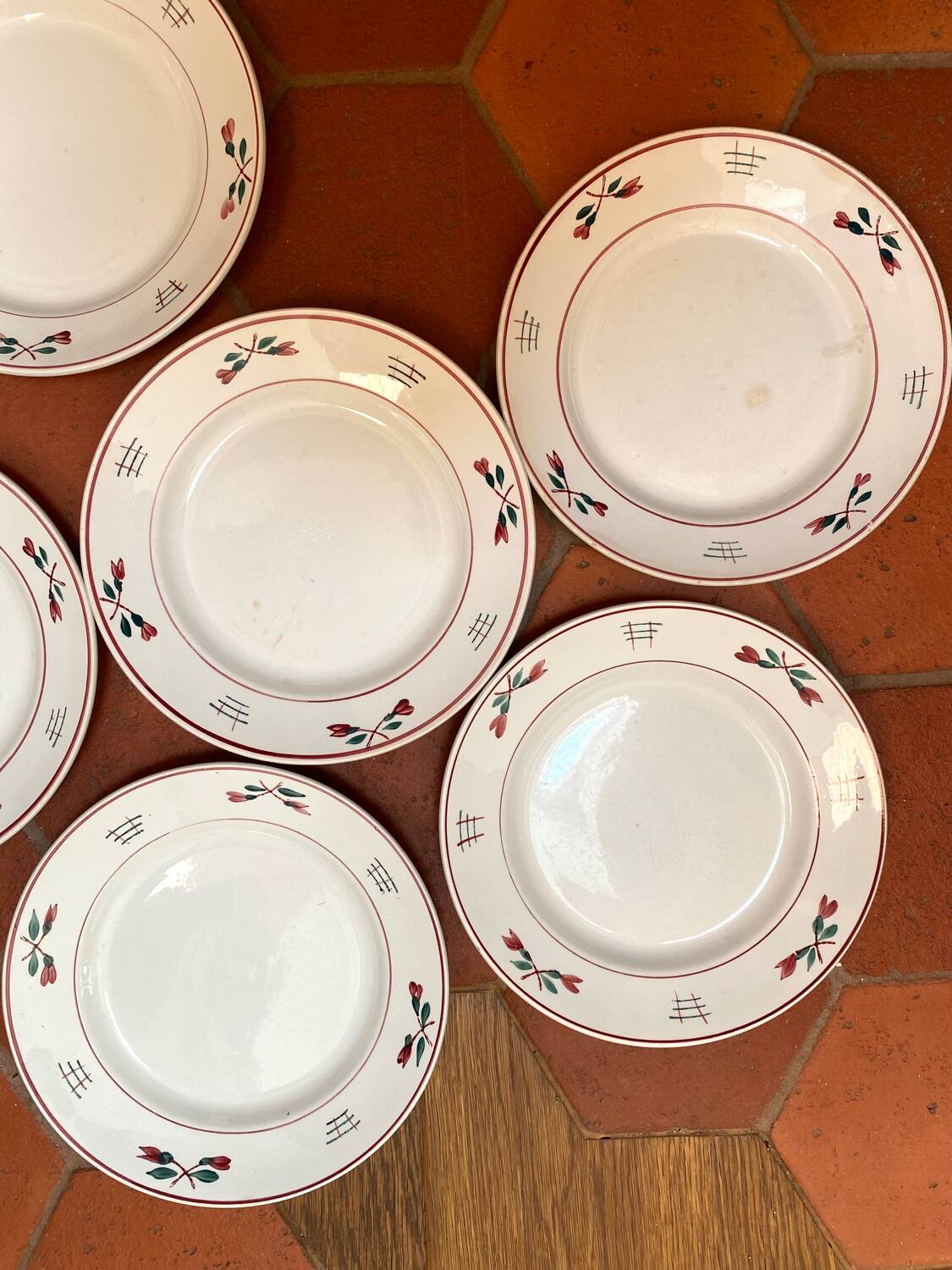 6 pink and green plates in old earthenware from St Amand