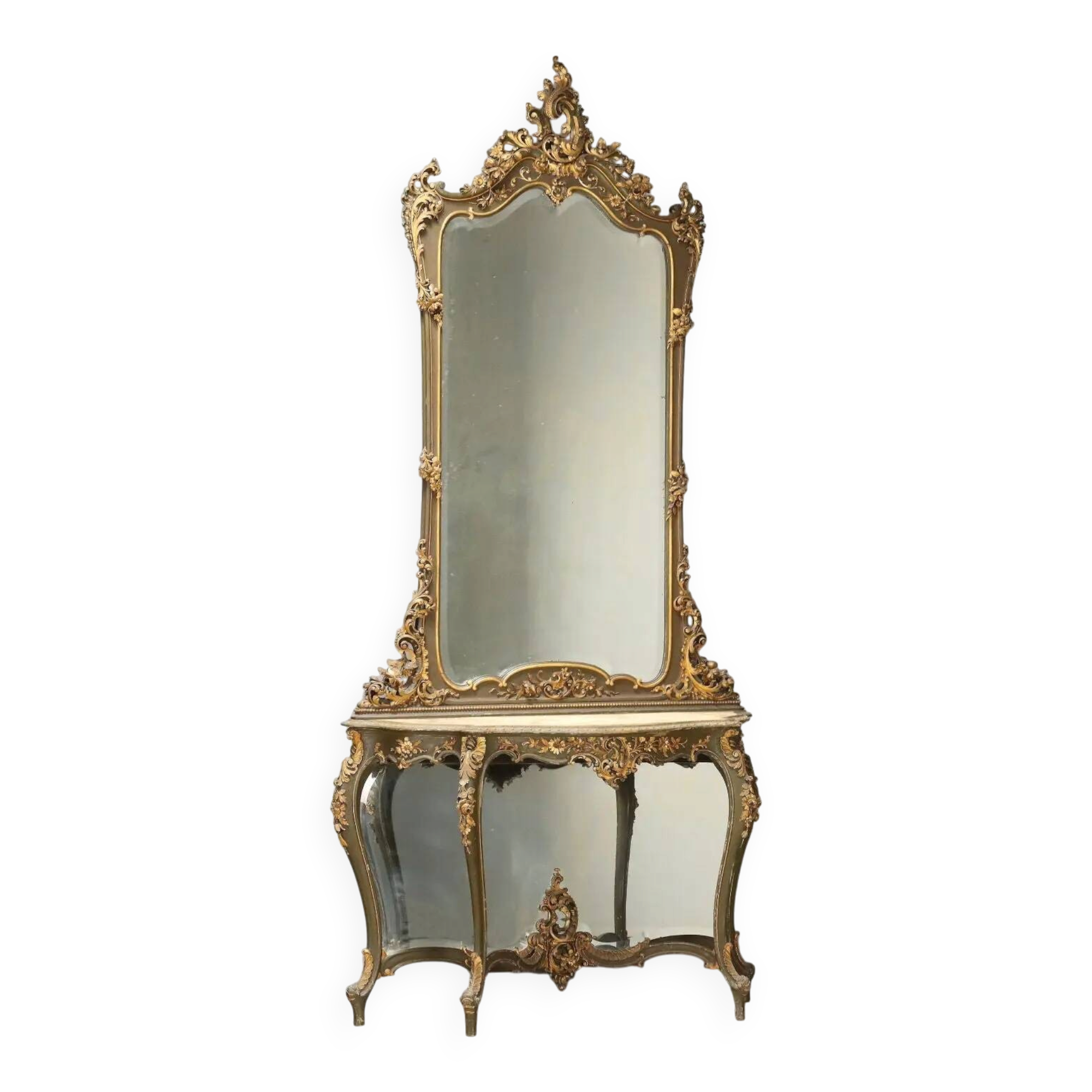 Ancient baroque console with a wooden mirror, Italy, late 19th century.
