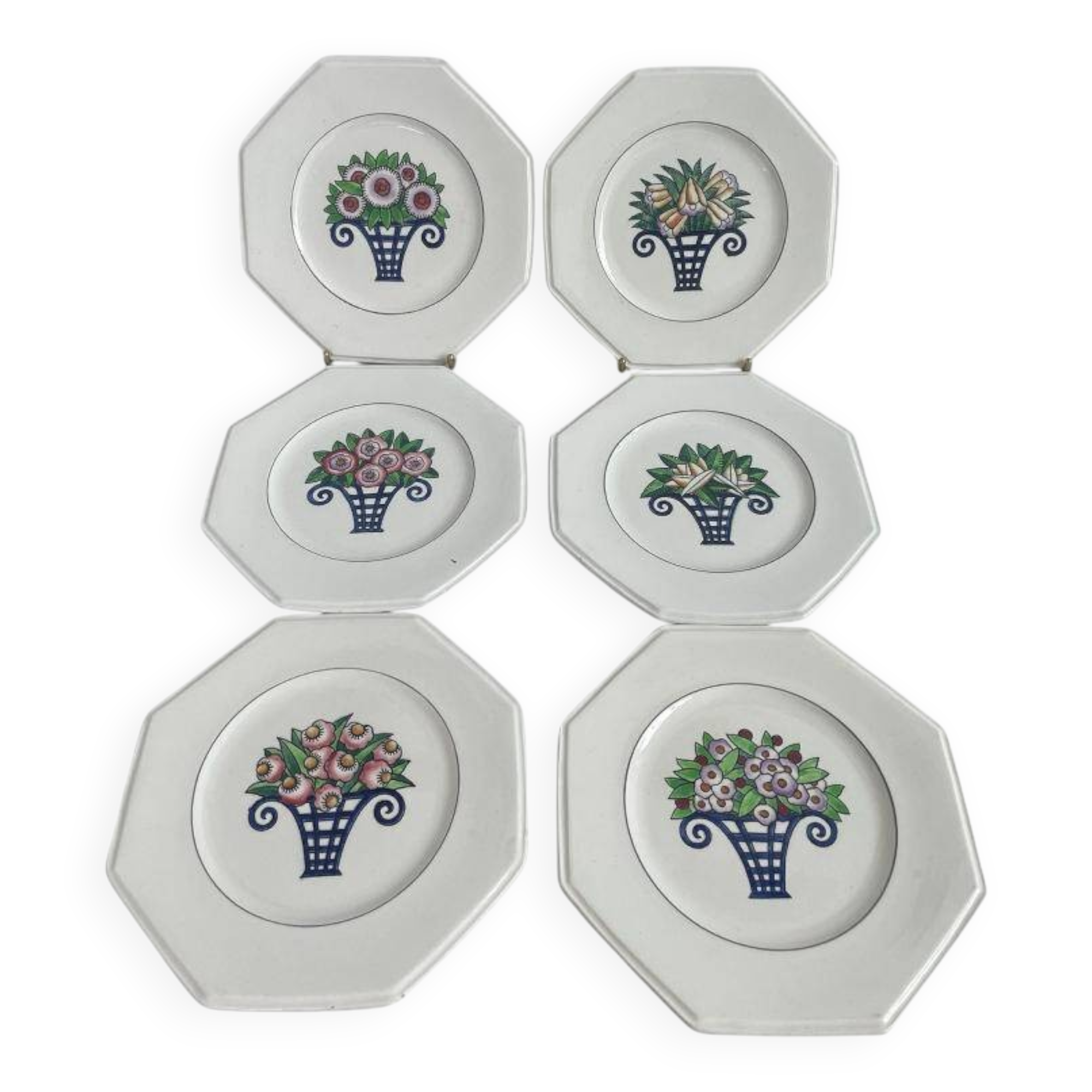 Longwy Service of 6 Octagonal Plates, 1927–1928, Art Deco, stamped