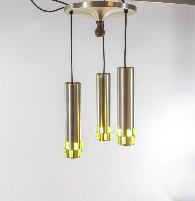 Ceiling lamp with 3 branches aluminum and glass 60s