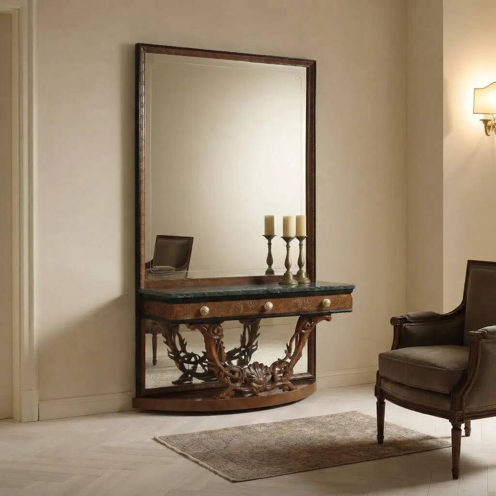 Antique console with a walnut mirror and green marble, Italy, 20th century.
