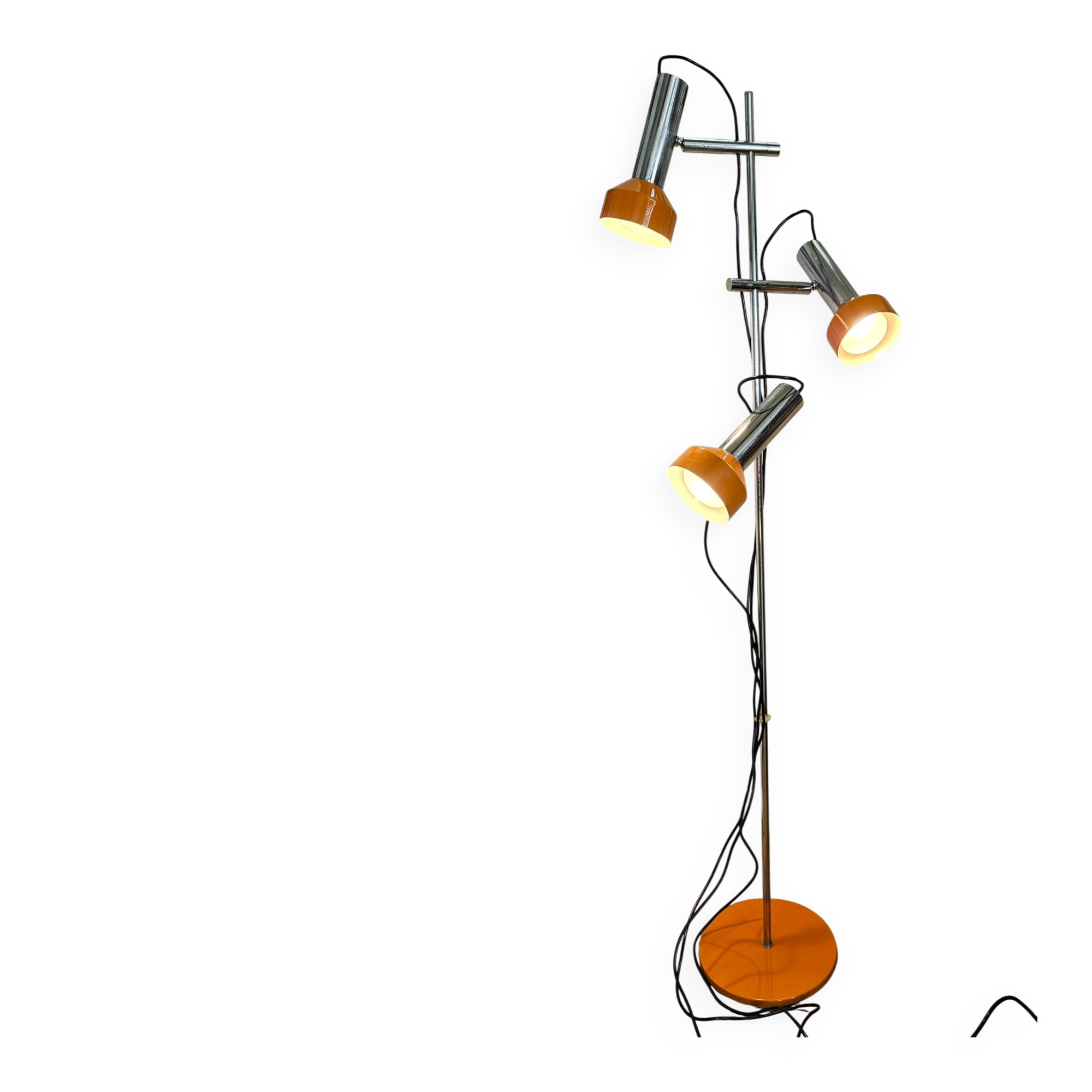 Vintage 1970s floor lamp with 3 spots, chrome and orange.