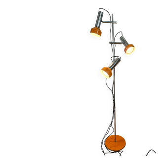 Vintage 1970s floor lamp with 3 spots, chrome and orange.