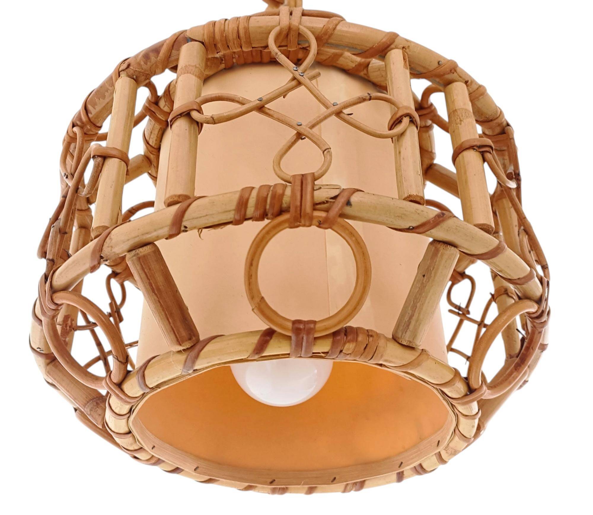 1960s Hand-Crafted Mid-Century Bamboo and Rattan Pendant Lamp, France