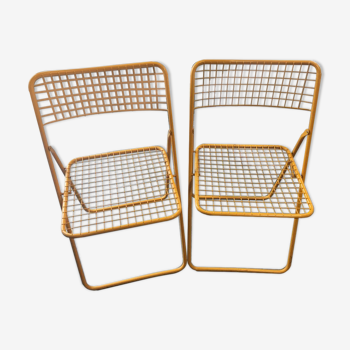 Lot of 2 vintage yellow metal folding chairs