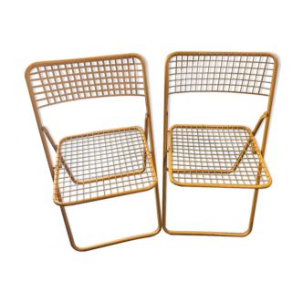 Lot of 2 vintage yellow metal folding chairs