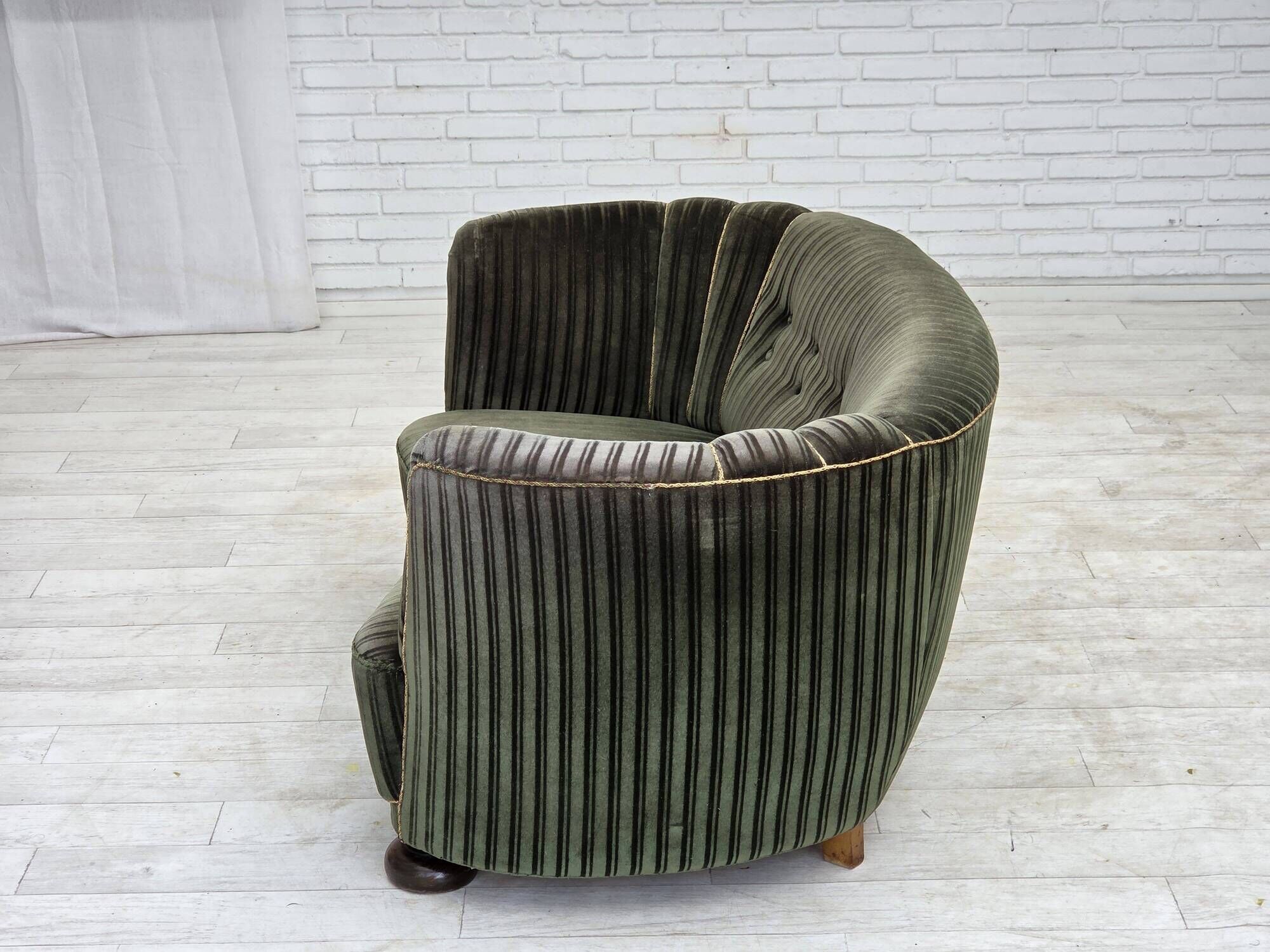 1960s, Danish 2-seater curved sofa, furniture velour, oak wood.