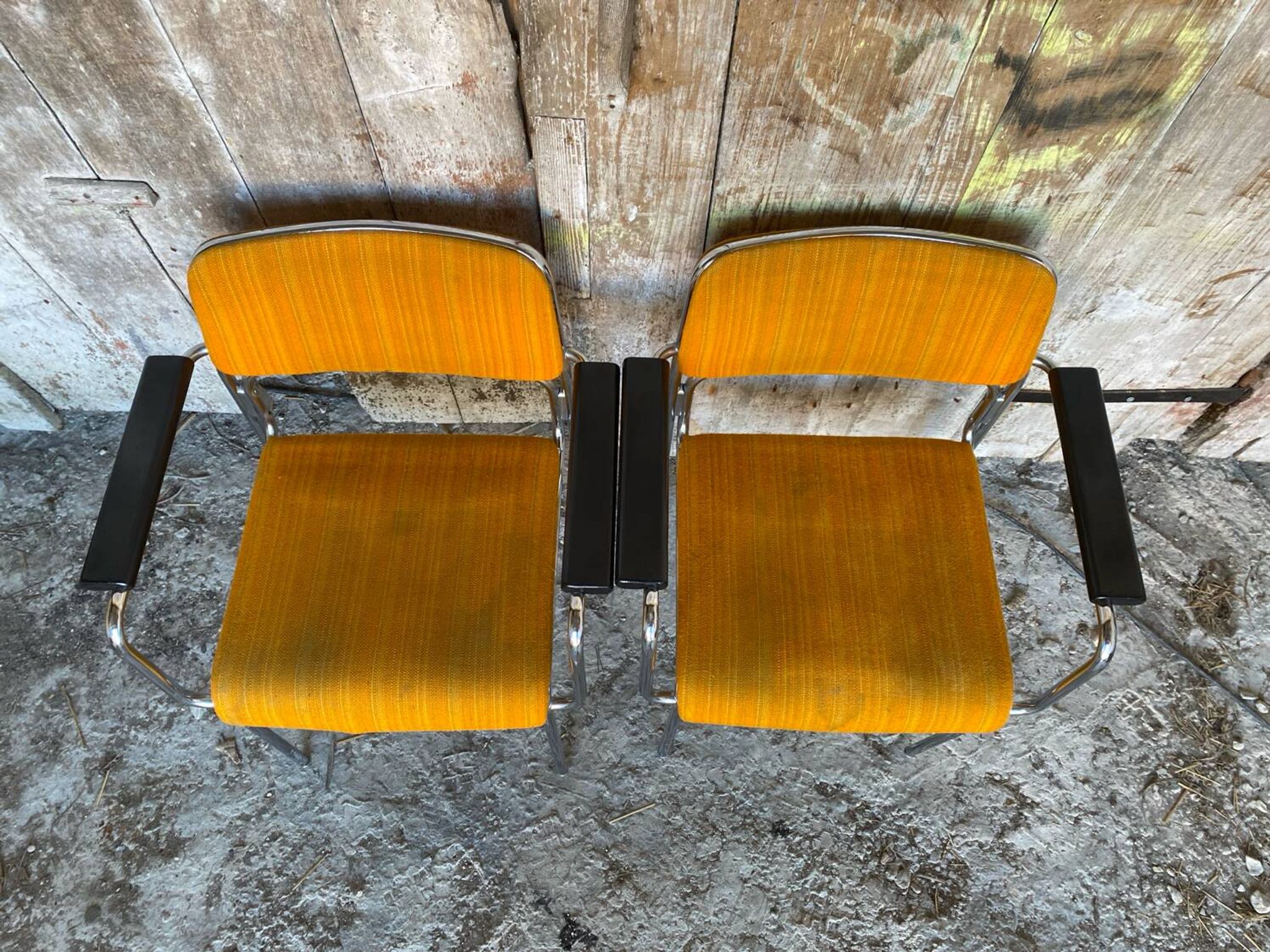 Pair of Vintage 1970s Chrome Metal Armchairs with Orange Fabric and Wood