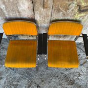 Pair of Vintage 1970s Chrome Metal Armchairs with Orange Fabric and Wood