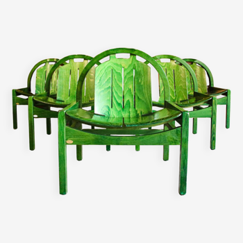 Baumann Chairs Salon "ARGOS" in Intense Green Wood 1980 6 armchairs +1 table