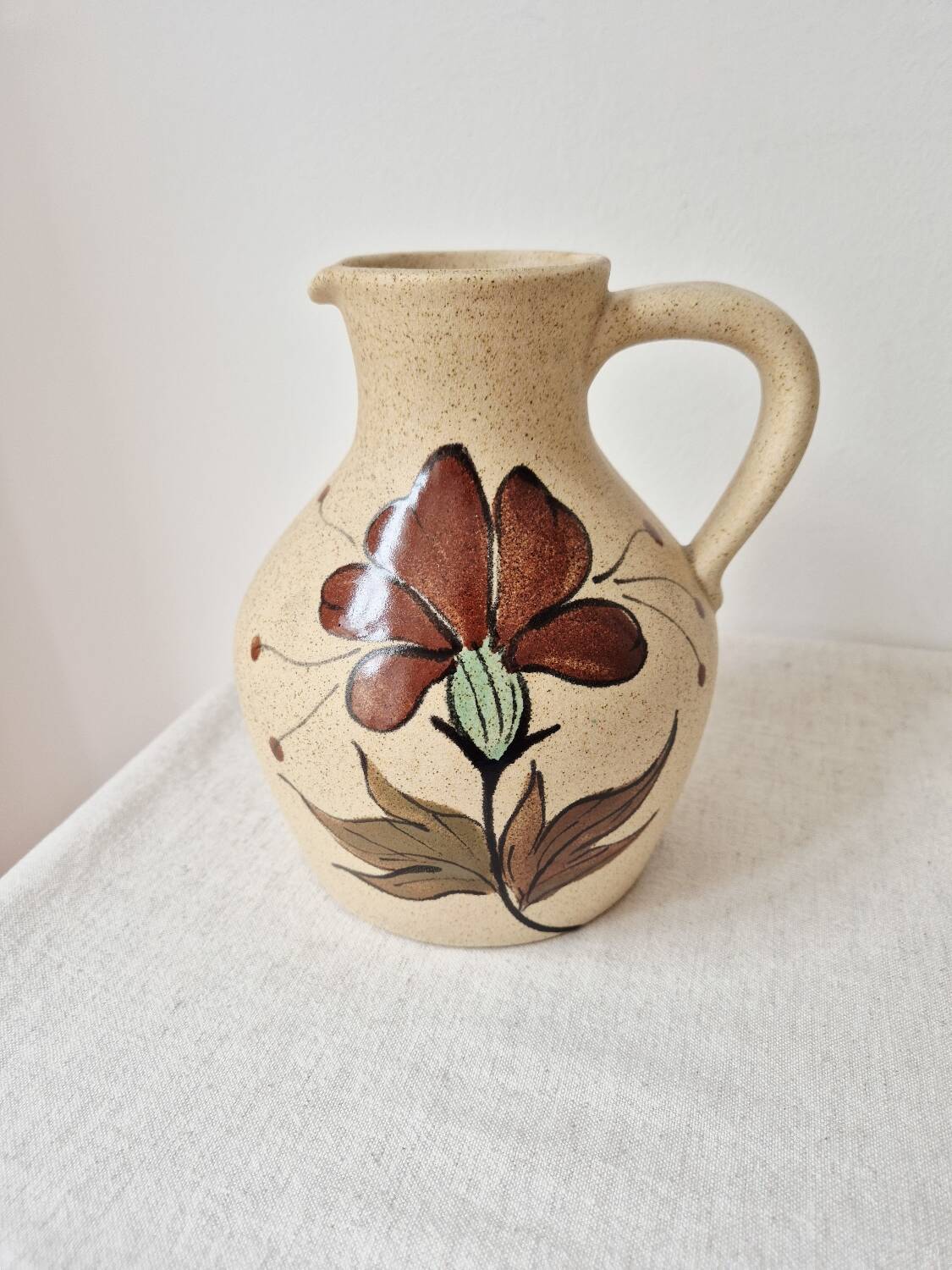Speckled stoneware carafe with floral decoration signed - Vintage