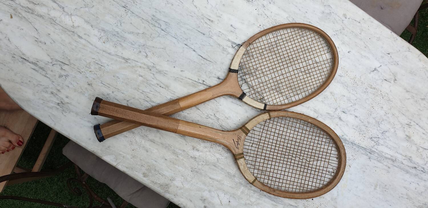 Pair of old tennis rackets circa 1930
