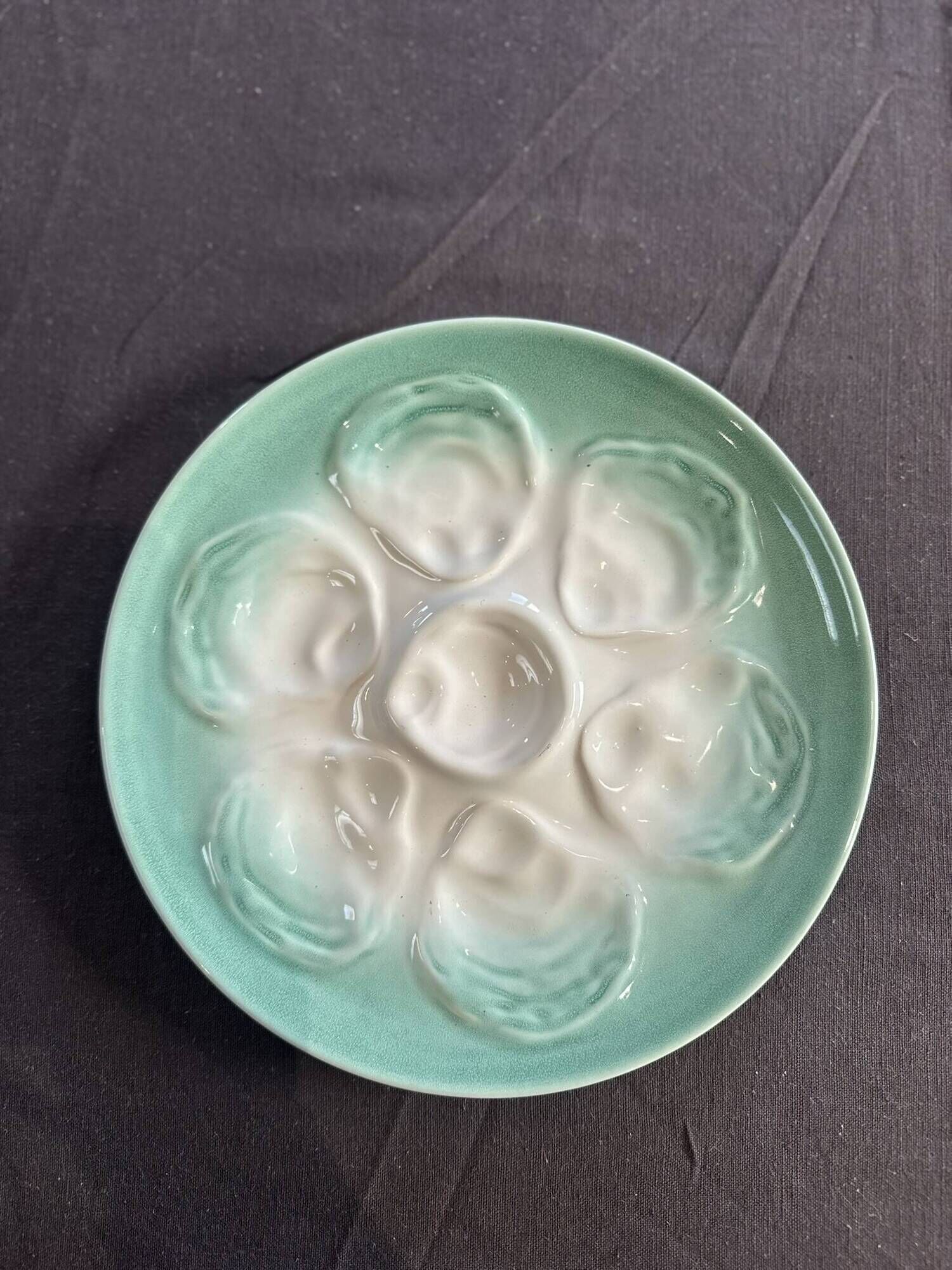 Niderviller sea-green earthenware oyster plates, set of 10 + dish