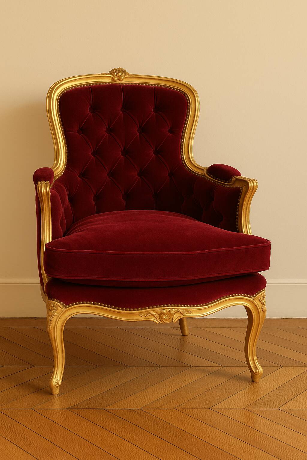 Louis XV armchair in gilded wood and garnet red velvet