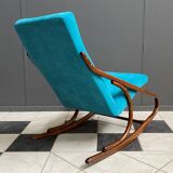 Ton, Thonet arm less rocking chair in blue velvet upholstery