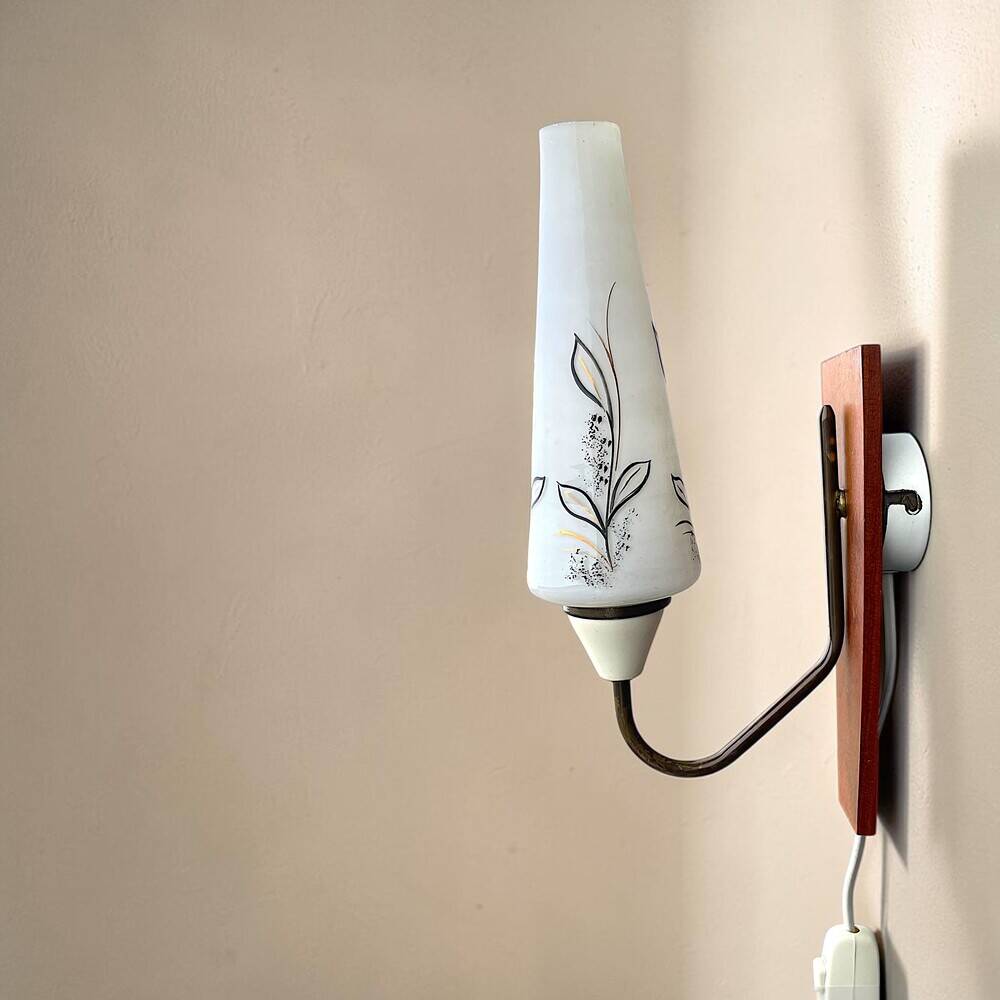 Danish Modern teak opaline glass wall sconce