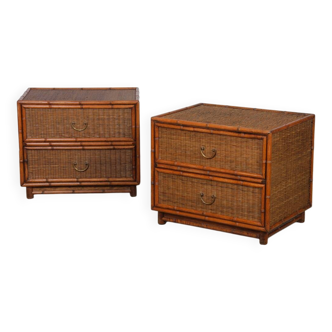 Paire de tables de nuit en rotin et laiton, 1960