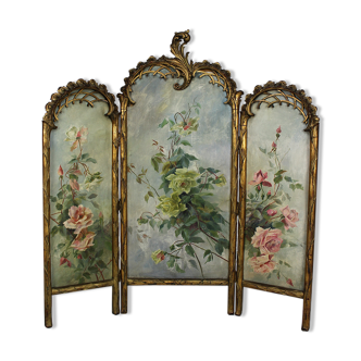 Belle Epoque screen in gilded wood and naturalistic canvases, circa 1880