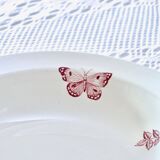 Large 19th century pink ironstone salad bowl with birds, dragonfly and butterflies, Badonviller