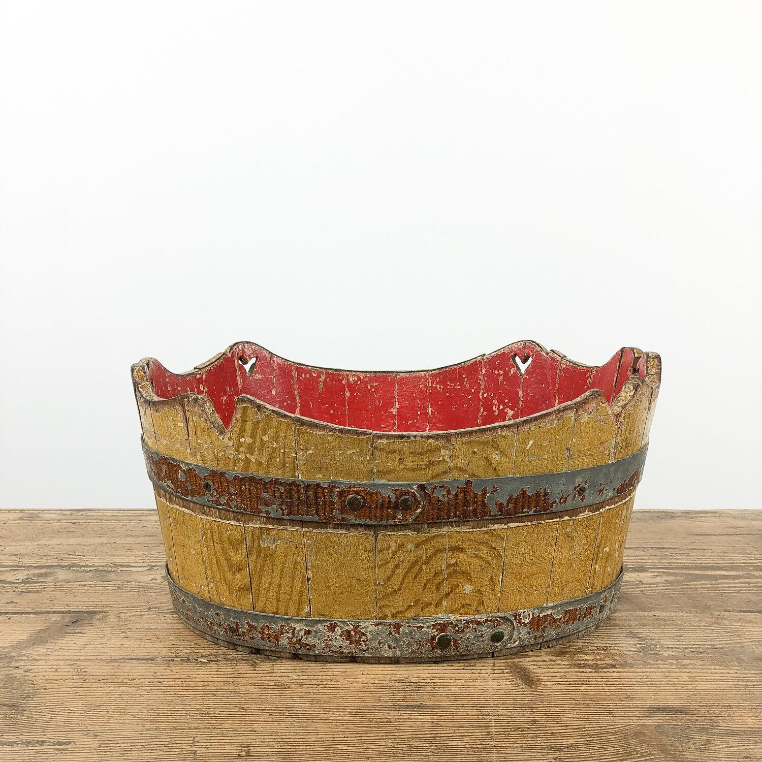 Antique cocked painted wooden bucket wash tub German Folk art