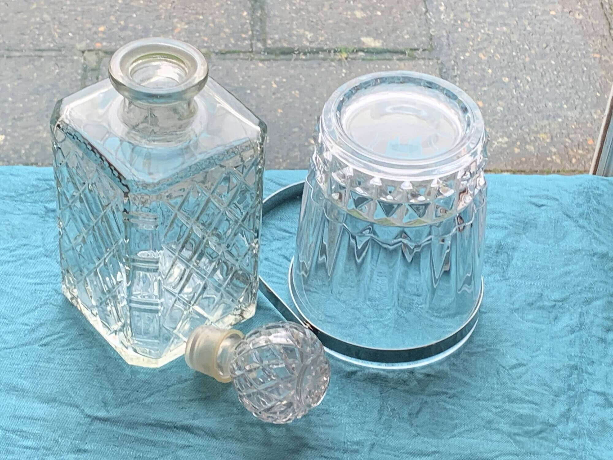 Whiskey carafe and ice bucket stamped crystal d'arques in vintage transparent glass