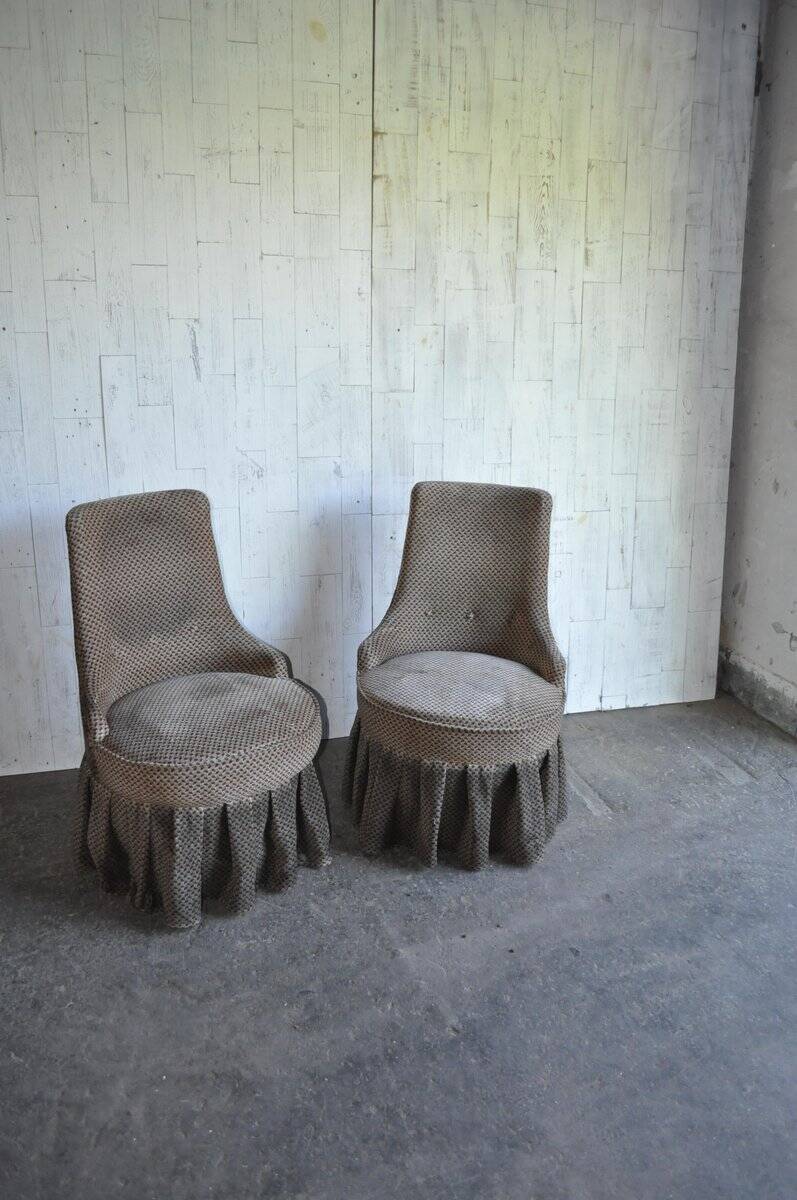 Mid-Century brown fabric armchair with skirt, wooden frame — 1950s