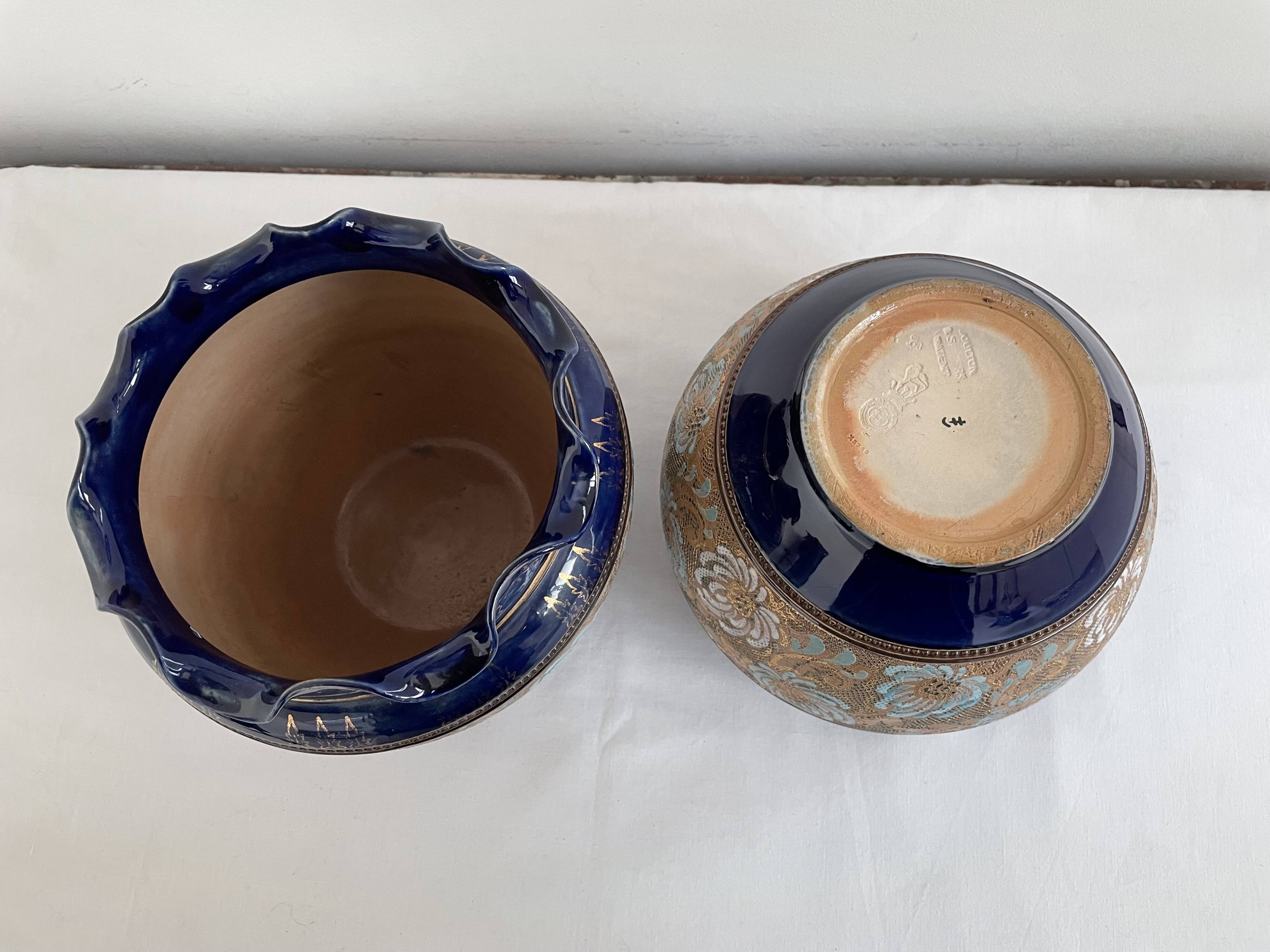 Pair, cache pots, royal doulton, english earthenware, 1920-1930, floral decoration, blue and gold, marks in