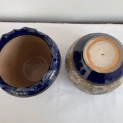 Pair, cache pots, royal doulton, english earthenware, 1920-1930, floral decoration, blue and gold, marks in
