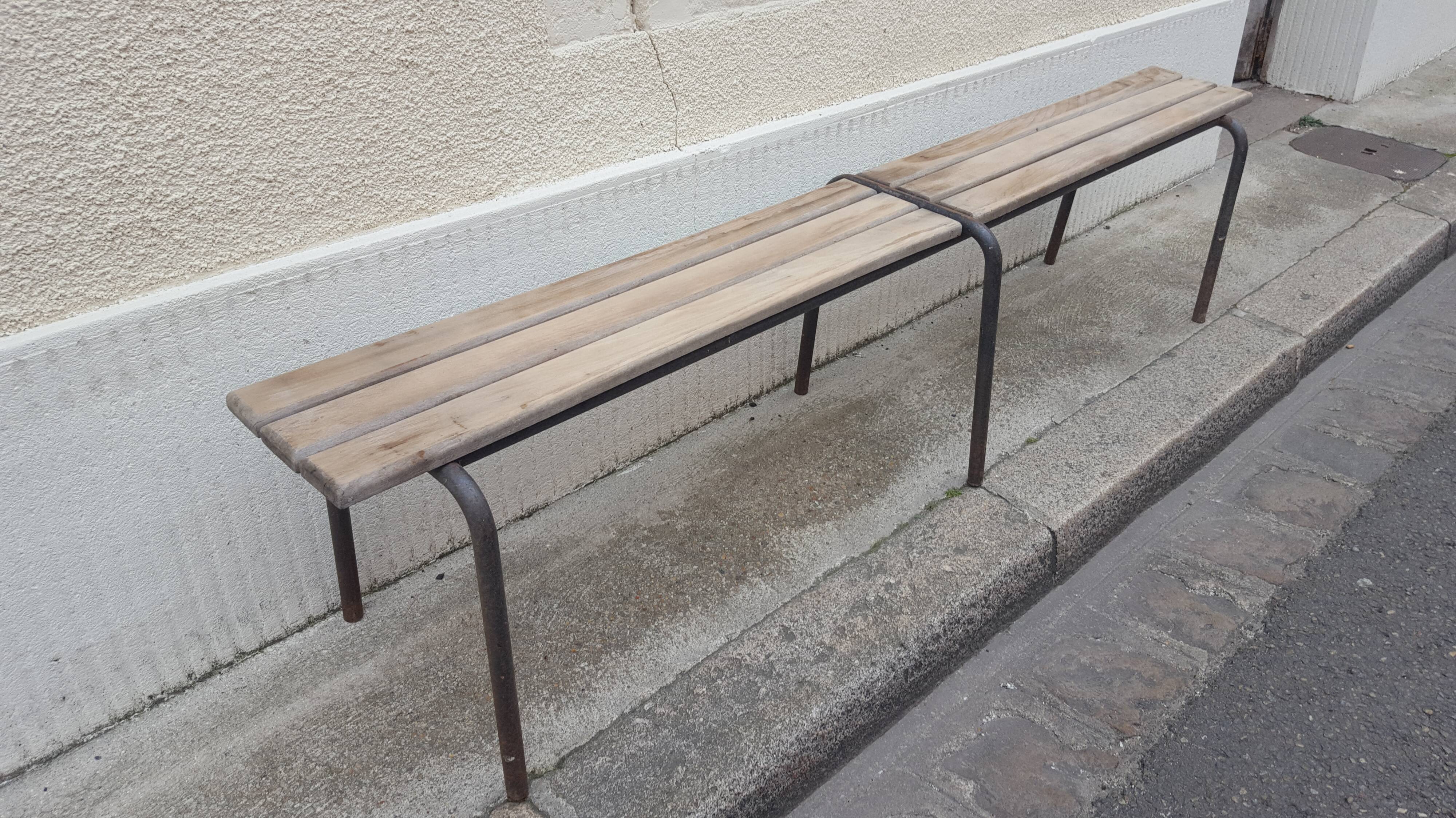 Wooden and vintage metal school bench