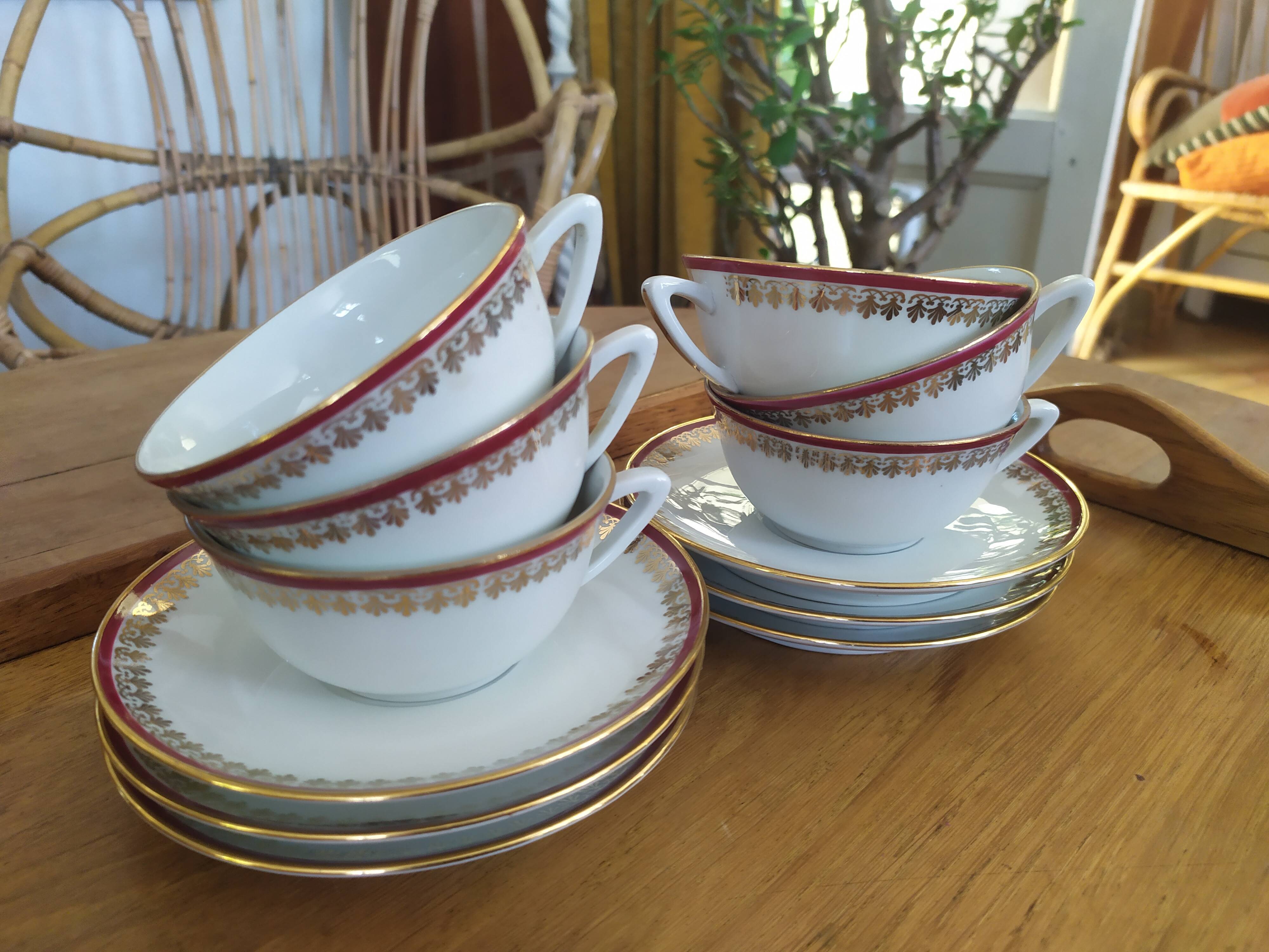 6 Pillivuyt pink and gold porcelain coffee cups