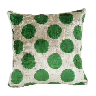 Ikat Velvet Pillow, Silk Cushion Cover, Square Green Polka Dot Pillows, Boho Chic Pillow Cover