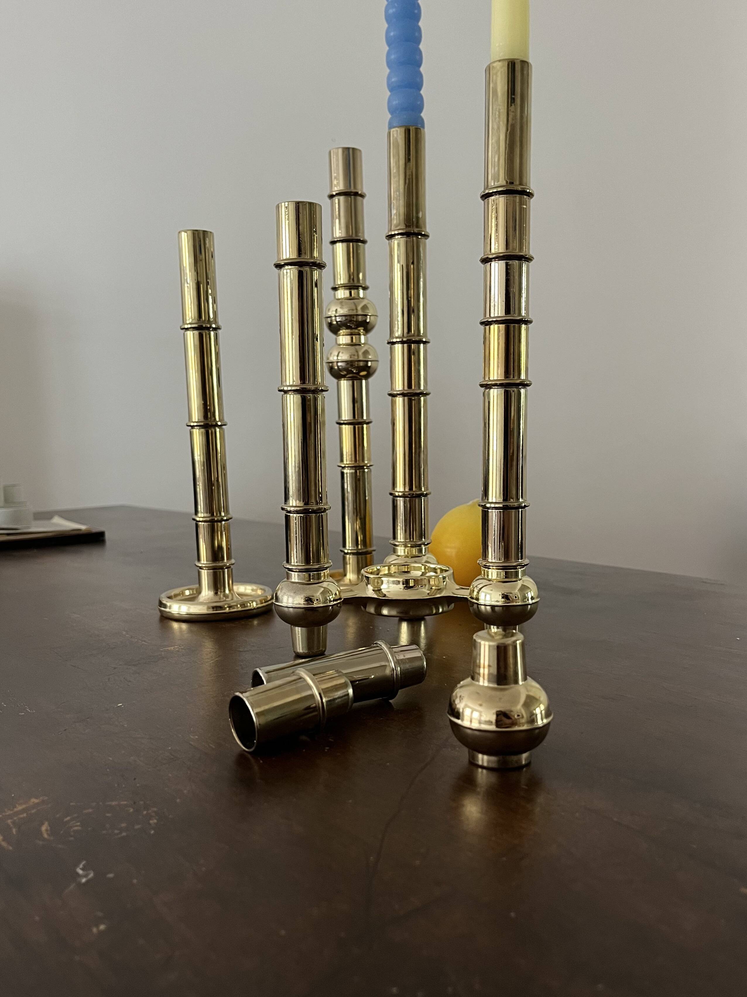 Very Rare Modular Scandinavian Brass Candlestick, 33-Piece Mid-Century Plug