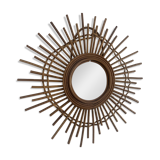 Miroir vintage 1960 soleil étoile asymétrique rotin osier - 52 cm