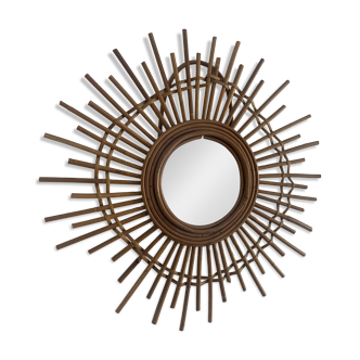 Miroir vintage 1960 soleil étoile asymétrique rotin osier - 52 cm