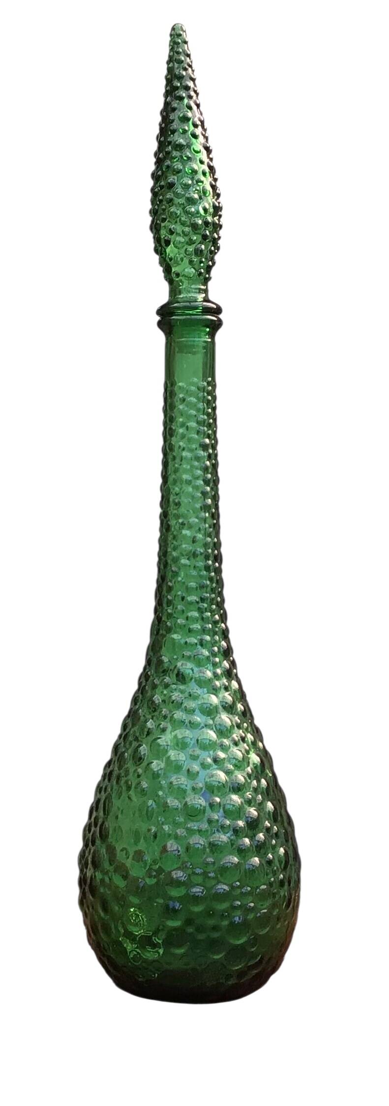 Large green Genie Empoli bubble glass bottle, Italy 1960s