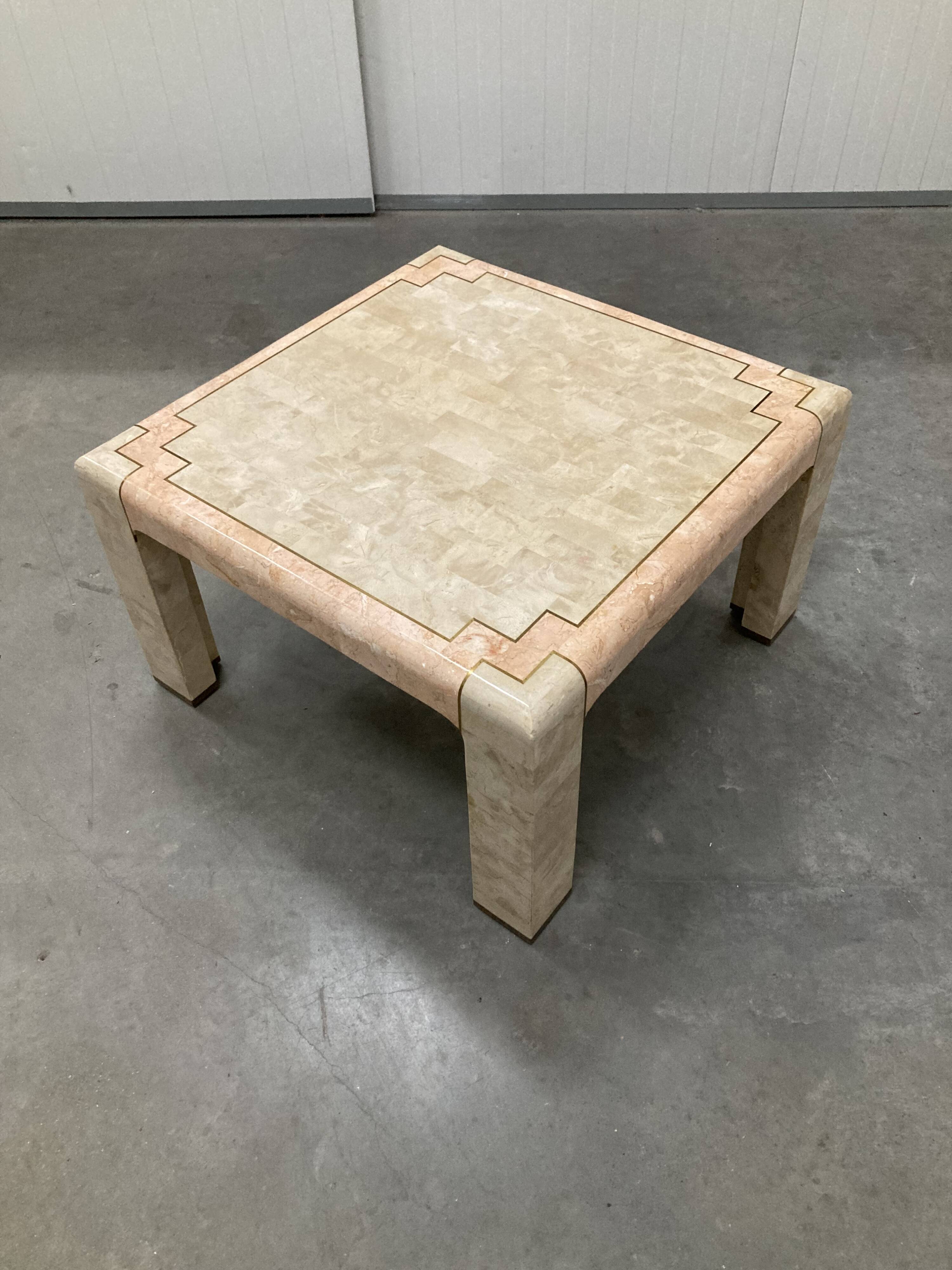 Marble tessellate coffee table '80, off white and salmon with brass