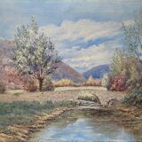 Tableau HST "Paysage vallonné à la rivière" signé (à déchiffrer)