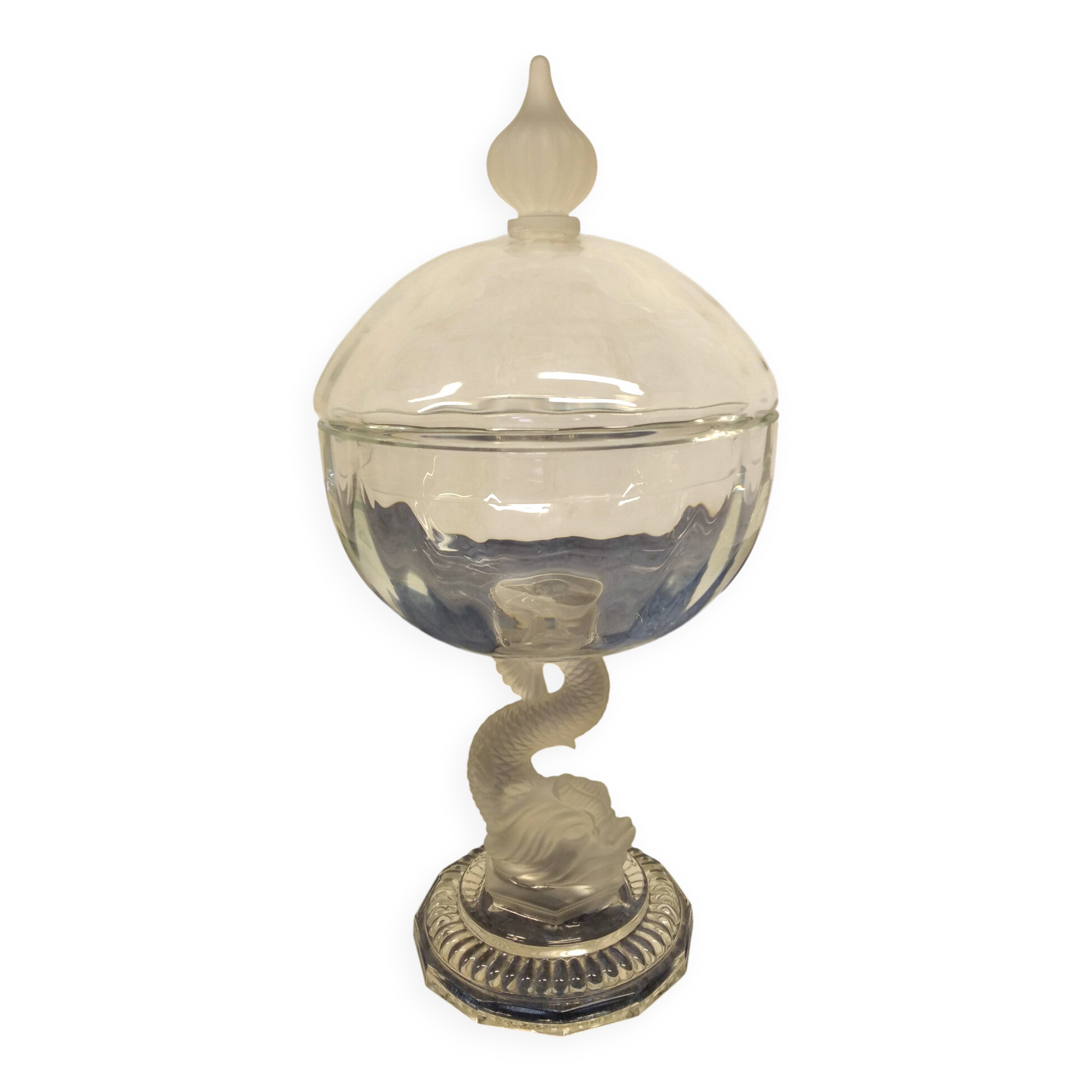 Bonbonnière ancienne en cristal et verre dépoli pied formant un poisson