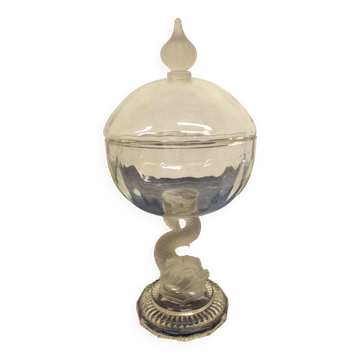 Bonbonnière ancienne en cristal et verre dépoli pied formant un poisson