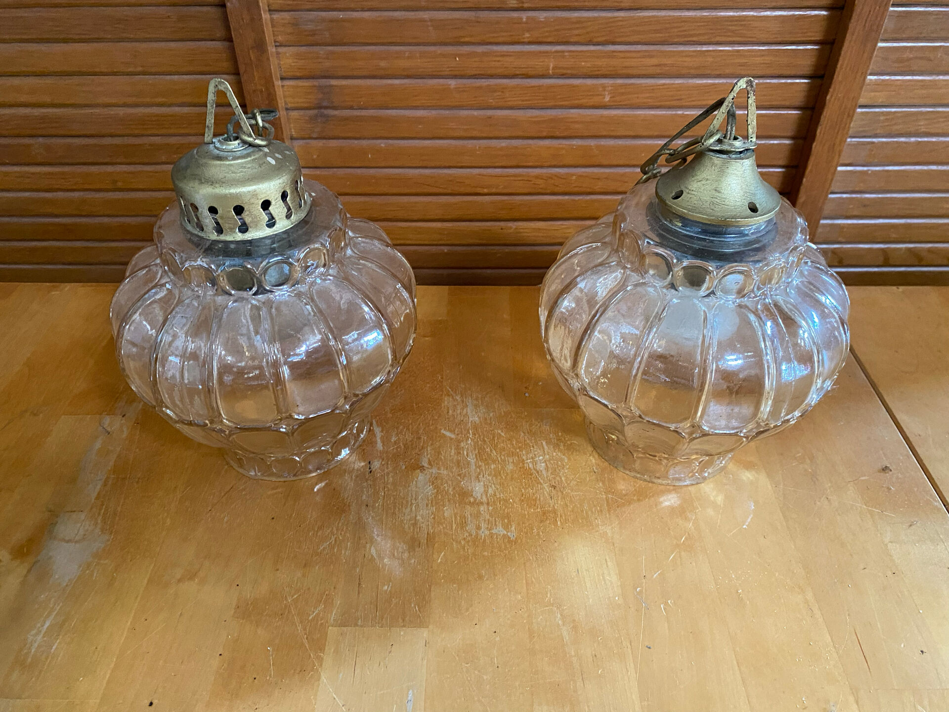 Pair of Vintage Suspension Lights with Iridescent Moulded Glass + Gold Metal
