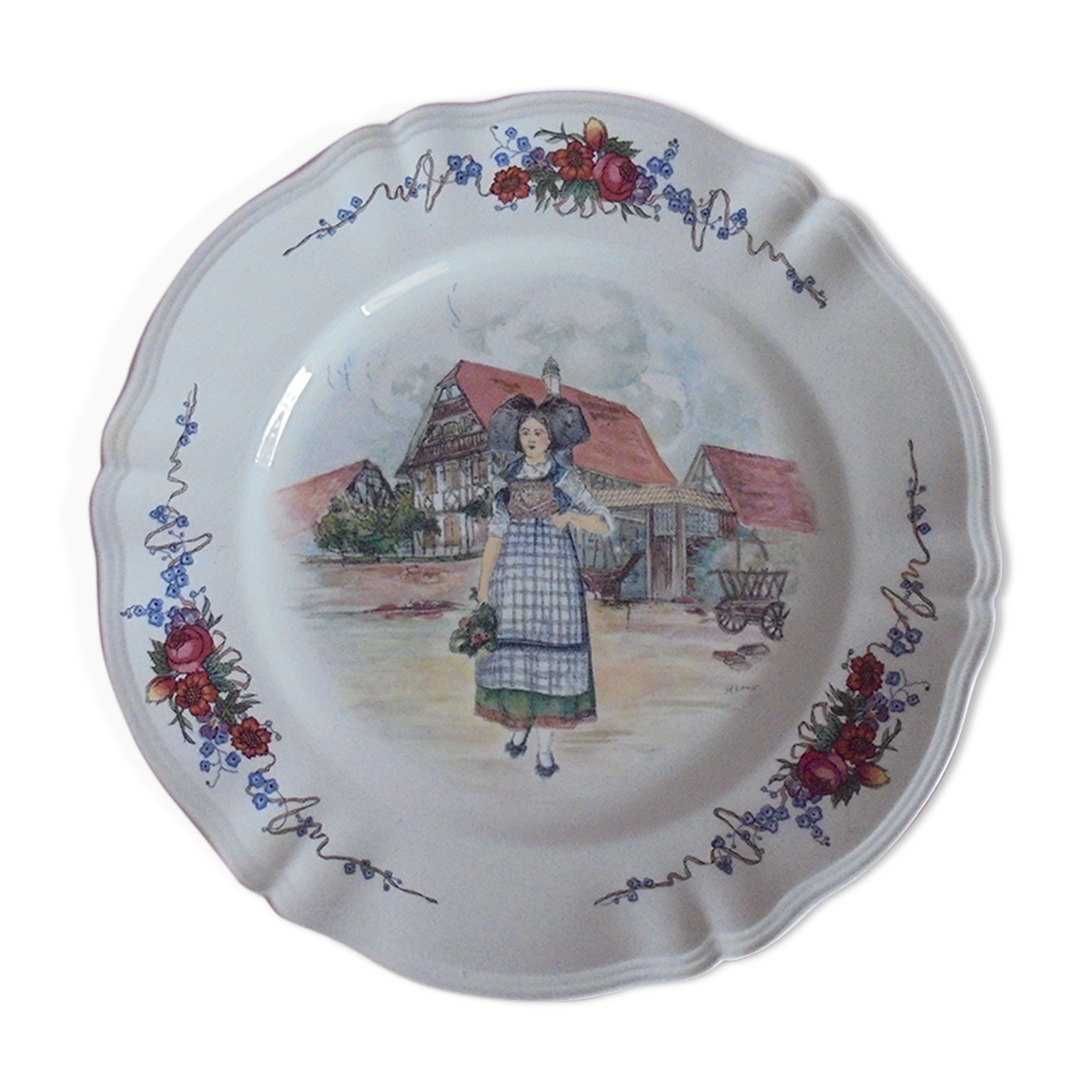 Round serving plate 2 Obernai Faïence Sarreguemines diameter 31.5 cm