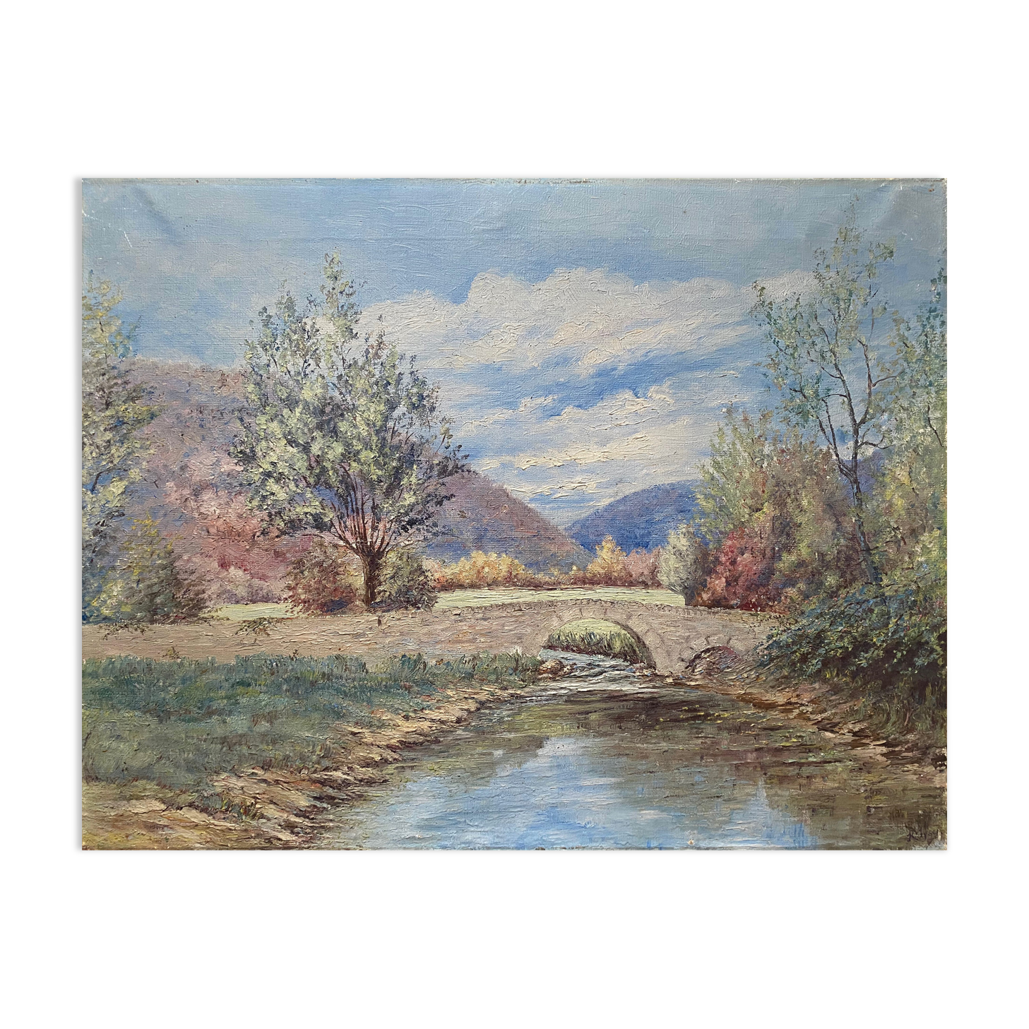 HST painting "Hilly landscape with the river" signed (to be deciphered)
