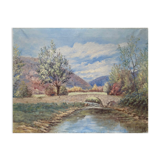 HST painting "Hilly landscape with the river" signed (to be deciphered)