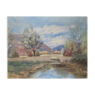 Tableau HST "Paysage vallonné à la rivière" signé (à déchiffrer)