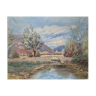 Tableau HST "Paysage vallonné à la rivière" signé (à déchiffrer)