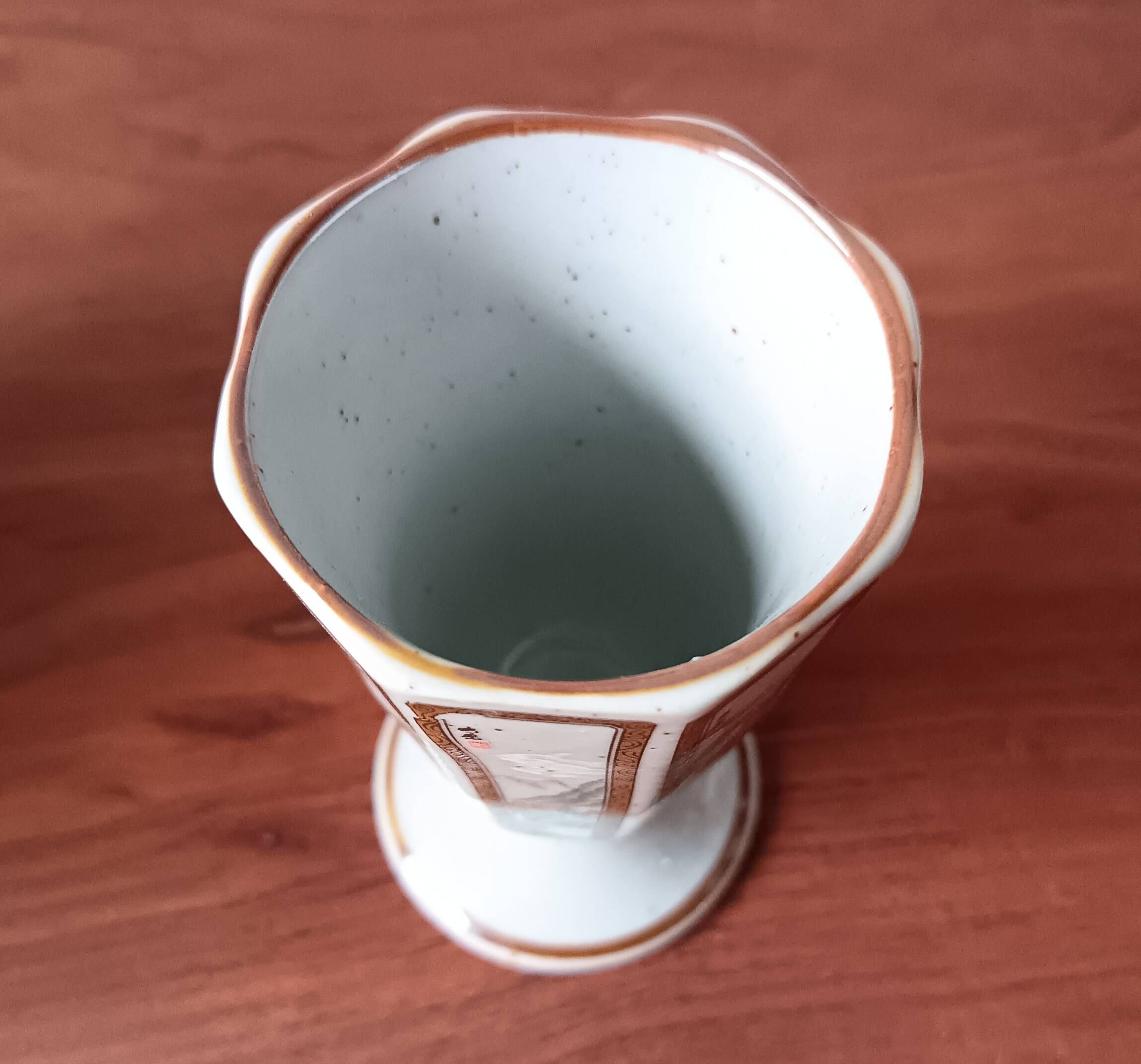 Asian ceramic tea set, mazagrans and teapot with landscape motif